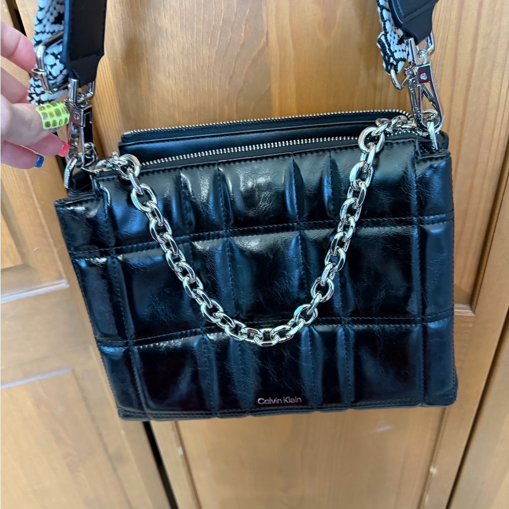 Calvin Klein Glossy Black Quilted Shoulder Bag